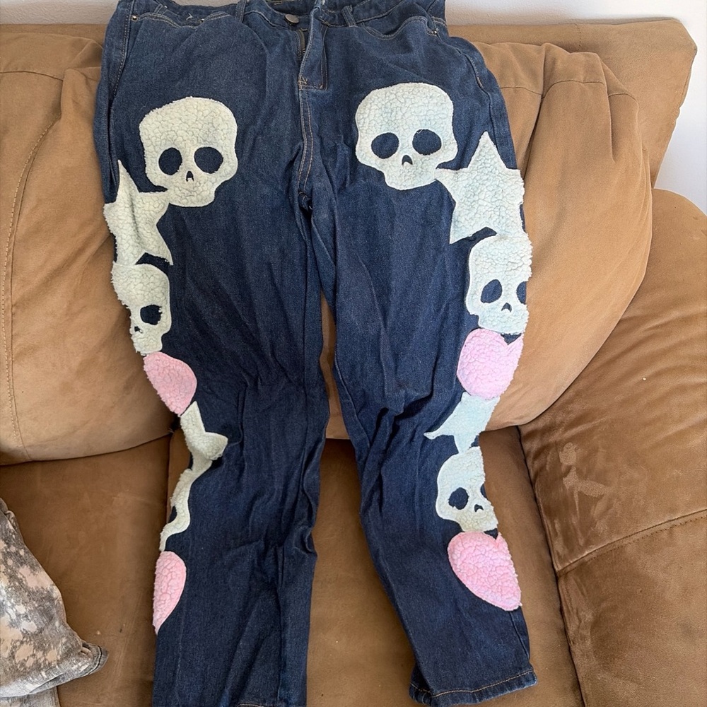 Blue Bootcut Jeans with Skull and Star Design